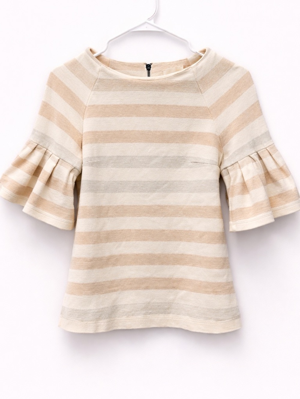 Maeve Beige and Cream Striped Ruffle Sleeve Top